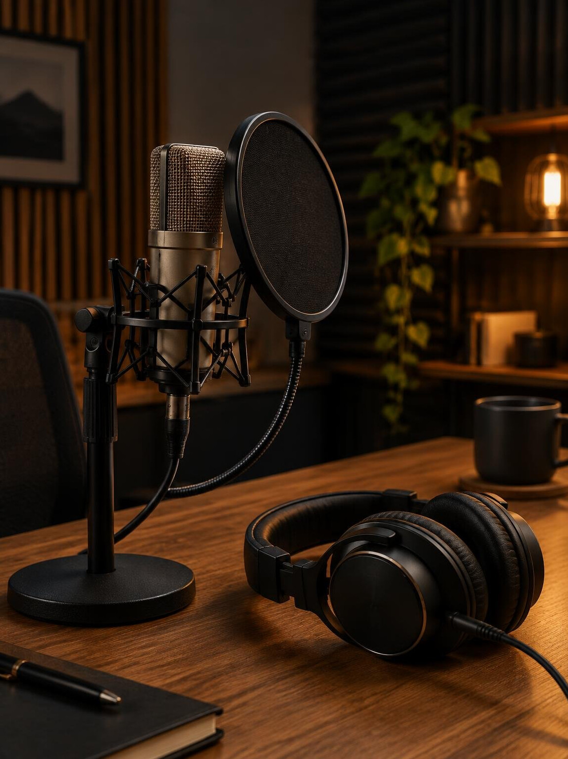 Microphone and headphones in a podcast studio