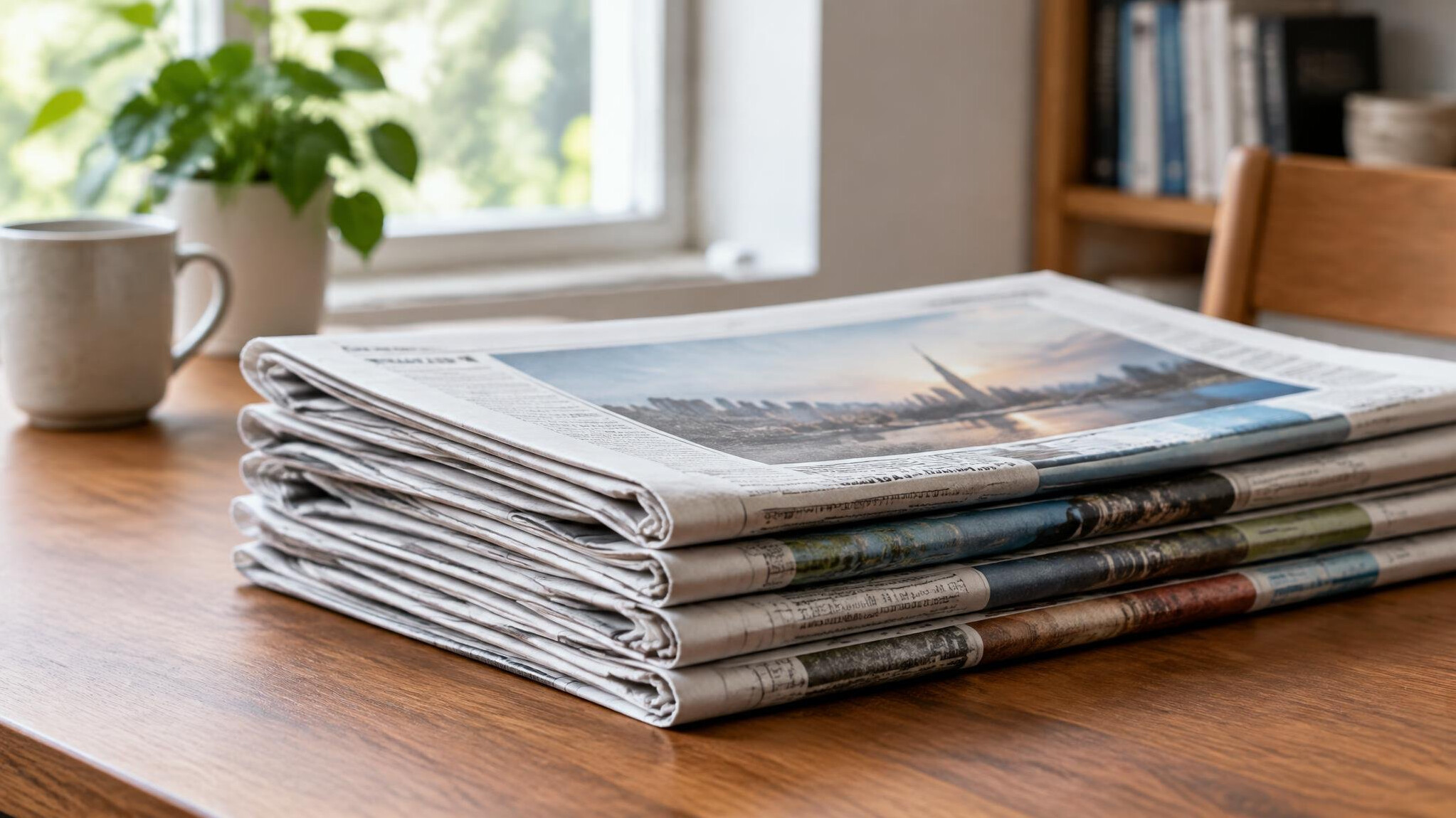 Stack of newspapers on a table